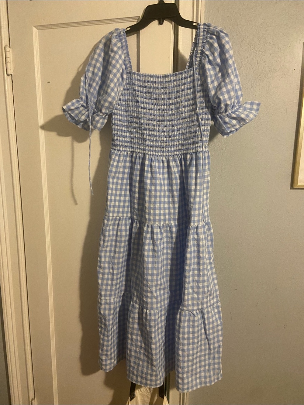 Light Blue Gingham Smocked Midi Dress with Puff Sleeves